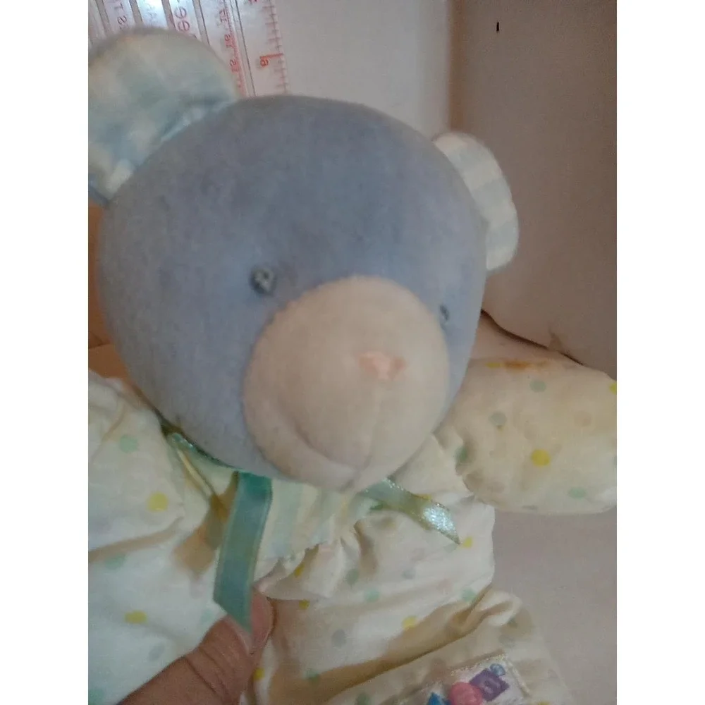 Baby Blue Teddy Rare Soft Plush rattle stripes & polka dots 8